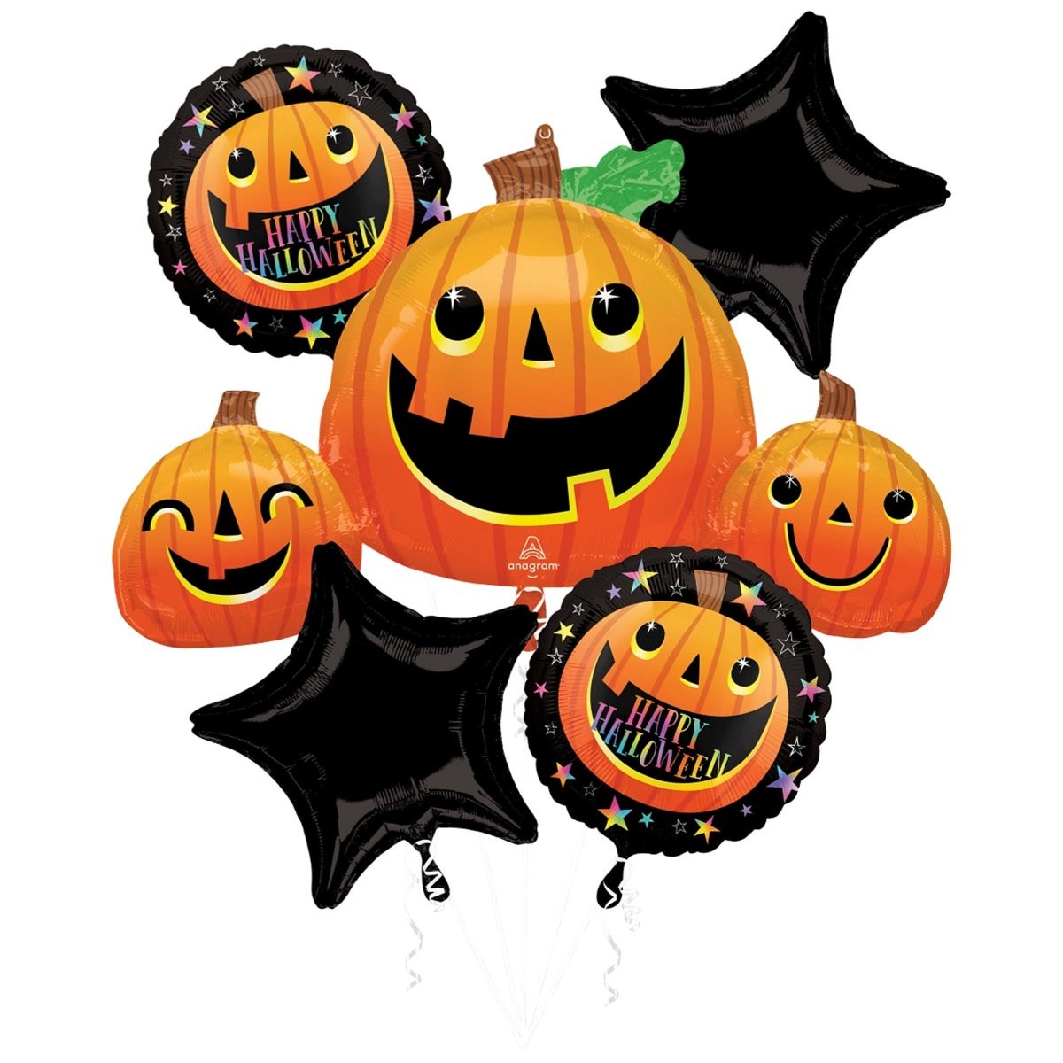 Halloween Smiley Pumpkins Foil Balloon Bouquet, 5 Count, Helium Inflation Not Included
