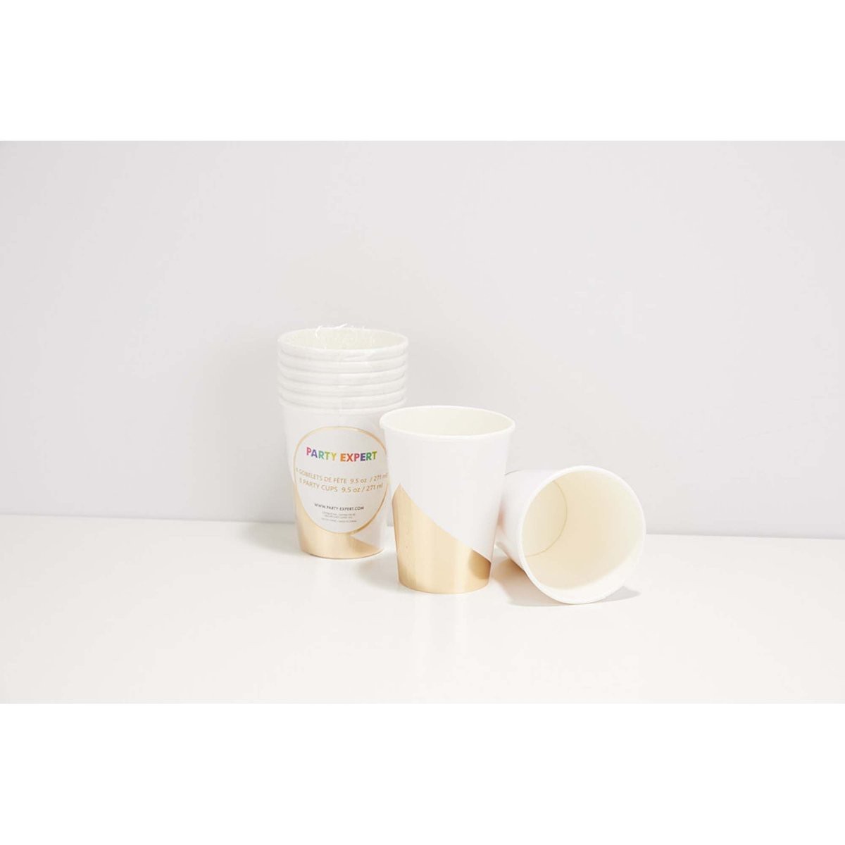 White & Gold Stripe Cups, 9 Oz, 8 Count