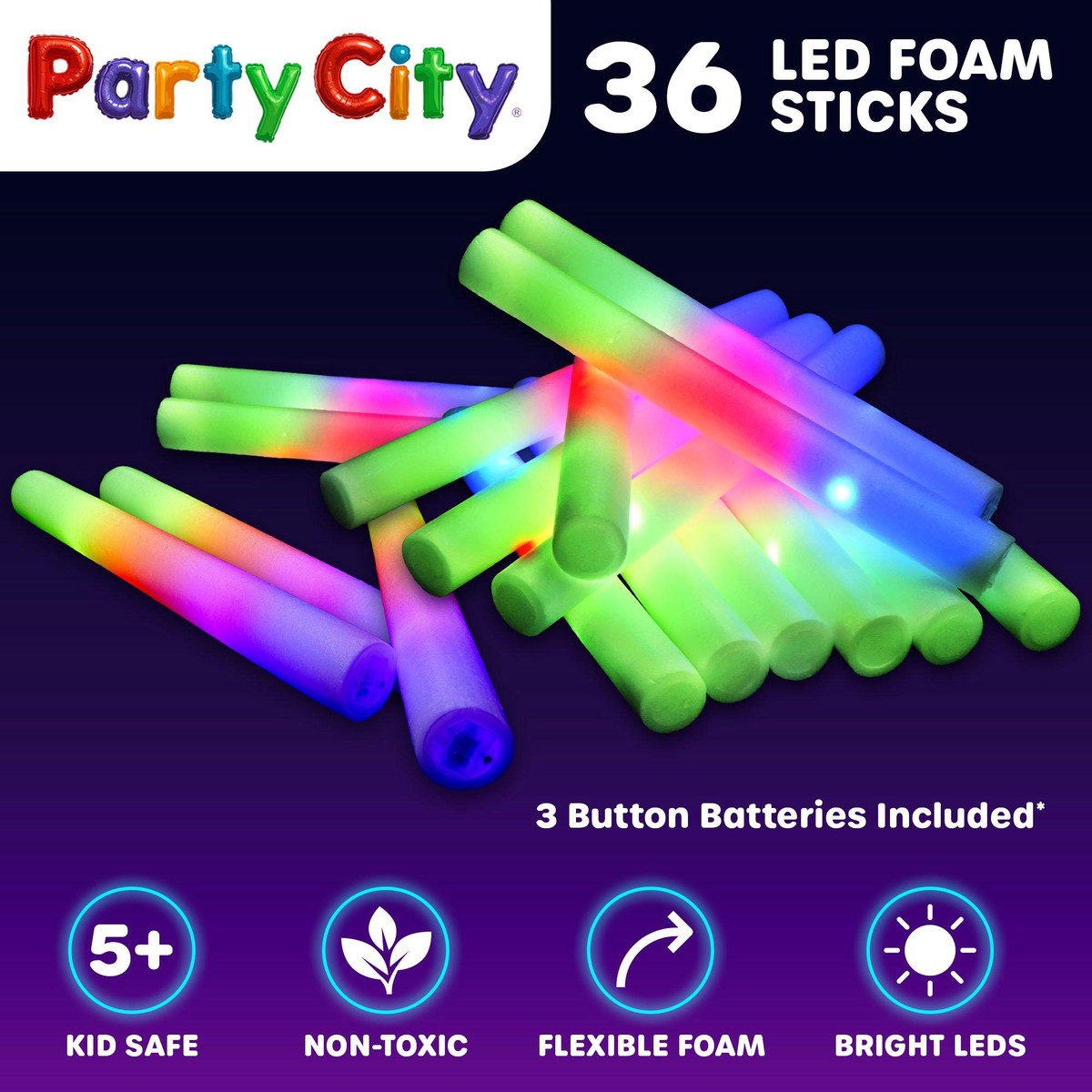 LED Foam Light Up Glow Stick Baton w 3 Flashing Modes 4 Color 36pk